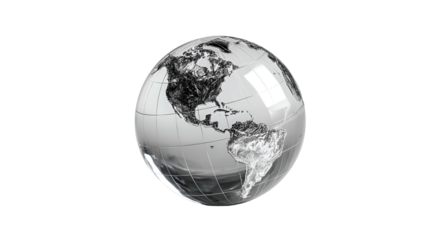 A metallic, grayscale rendering of Earth showcasing continents with high detail