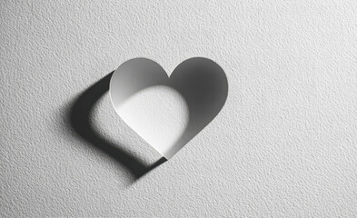 Obraz premium A minimalist design featuring a cut out paper heart casting a shadow on a textured white surface, symbolizing love and simplicity.