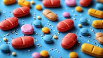 Assorted vibrant pills and tiny multicolored sprinkles spread across a blue surface