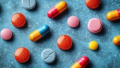 Vibrant medicine tablets and capsules randomly arranged on a speckled blue surface