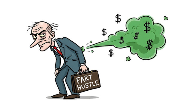 Satirical cartoon depicting a weary entrepreneur's unusual and questionable method for effortlessly generating abundant wealth