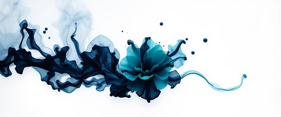 Dark blue & green ink blooms in gray-blue water, creating abstract art on white,  movement,  beauty