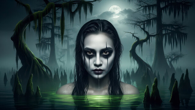 Ethereal woman emerges from mystical green waters under moonlight