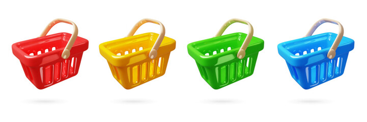 Color cartoon 3d shopping carts. Plastic supermarket baskets with handles angle view for purchases, render glossy style, container for purchases, grocery and shop delivery, classy vector set