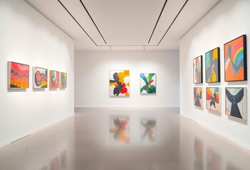 Sleek minimalist gallery interior with abstract art displayed on white walls,  empty,  white cube