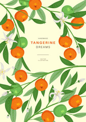 Citrus fruit poster. Card design with fruit plant, ripe tangerines on flowering branches background, summer juicy oranges or tangerines, vertical botanical decorative tidy vector concept