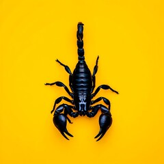 Black scorpion on bright yellow background with pincer claws and tail up