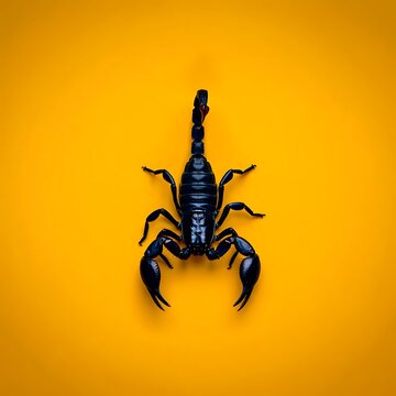 Black scorpion on yellow background with its tail up high facing forward looking scary