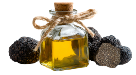 A clear glass bottle of golden oil sits amid several dark, textured truffles