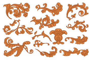 Baroque scrolls. Vintage ornaments elements, retro decorations, victorian filigree curls, flourish elegant wooden design, monochrome corner or border, engraving dividers splendid vector set