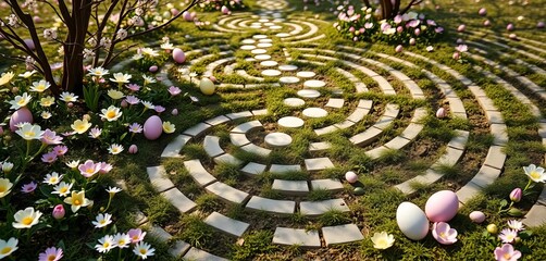 Intricate garden labyrinth path adorned with spring blossoms and pastel Easter eggs, symbolizing discovery and renewal during a seasonal journey,  garden,  renewal