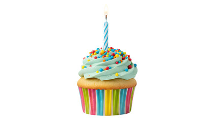 Birthday cupcake with candle isolated on transparent background