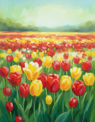 Vibrant field of tulips in full bloom with colorful hues and beautiful natural scenery painted