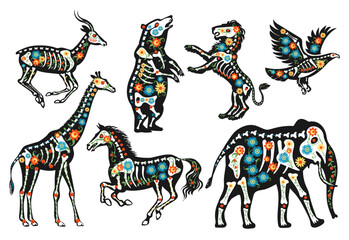 Animals skeletons with flowers. Decorative mexican style, fauna silhouettes with bones and floral patterns, day of dead, botanical folk art cartoon flat isolated splendid vector set