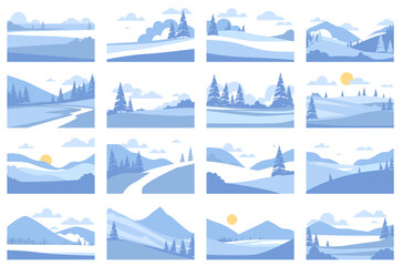 Winter simple landscapes. Cold nature backgrounds, snowy expenses with snowdrifts, blue trees, mountains, hills and rivers, seasonal scenery qualitative minimalistic backgrounds vector set