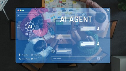 A diverse team collaborates on AI agent development, featuring a modern workspace with an interactive chat interface promoting innovative ideas and effective communication. Raster