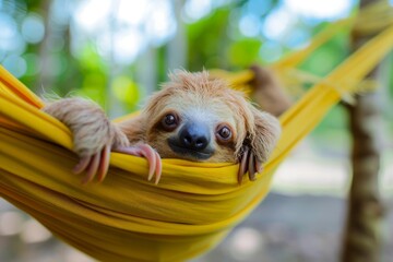 Obraz premium Baby sloth resting in a vibrant yellow hammock, enjoying the tranquility of a lush tropical forest