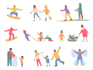 Winter entertainment. Seasonal outdoor games and walks, people in warm clothes skiing and skating, children sledding, making snowman, classy vector cartoon isolated seasonal leisure set