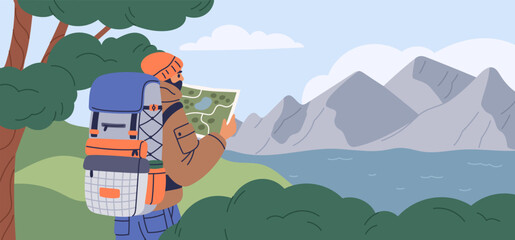Traveler enjoying view. Male hiker with backpack and map, finding right path, tourist in gear, mountain landscape, tourism adventures in forest, garish vector cartoon isolated concept