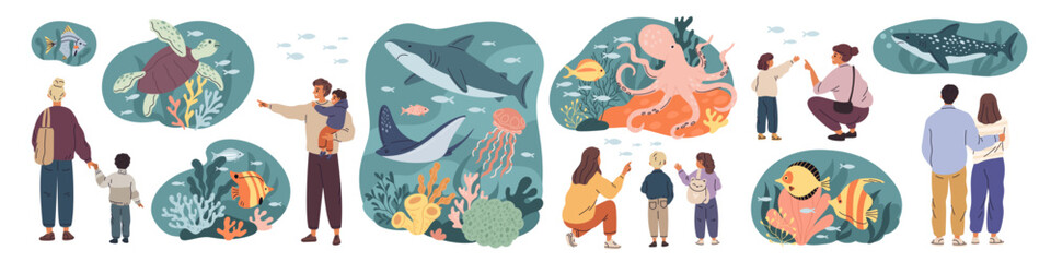People in oceanarium. Aquarium visitors, parents with children look at fish, underwater animals, plants, algae and corals, tanks with shark and octopus cartoon flat style garish vector set © YummyBuum