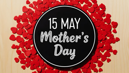 Mother's Day Date 15 May Announcement Surrounded by Red Heart Confetti on Wooden Surface