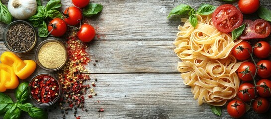 Vibrant Italian ingredients pasta, tomatoes, basil, garlic, peppers, and spices on rustic wood