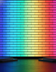 Vibrant Rainbow-Hued Brick Wall Illuminated with Stage and Gradient Lighting Effects