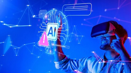 A young man experiences virtual reality while interacting with an artificial intelligence interface, showcasing innovation, technology, and future possibilities. Raster