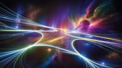 A mesmerizing abstract journey through a cosmic data highway with vibrant light trails and colors