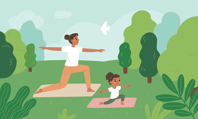 Mom and daughter do yoga. Happy mother with child do gymnastics in nature, children sports education, harmony, health, mindful balance exercises, wellness outdoors, garish vector concept