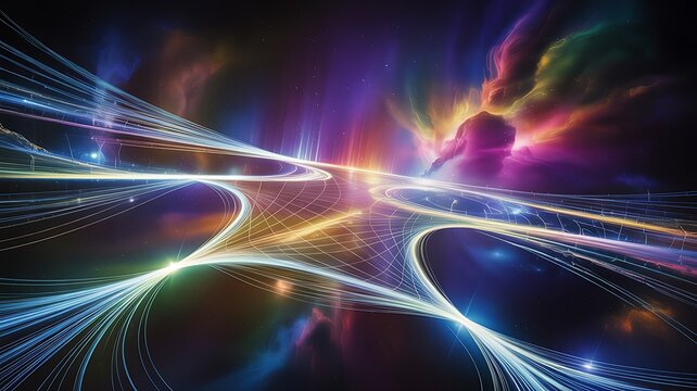A mesmerizing abstract journey through a cosmic data highway with vibrant light trails and colors - Powered by Adobe