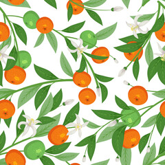 Mandarin fruit seamless pattern. Ripe tangerines on flowering branches, repeated orange citruses, sweet tangerines on textile, wrapping paper, wallpaper. Print for fabric tidy vector background