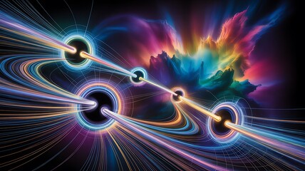 Abstract representation of quantum entanglement and futuristic data transfer in space