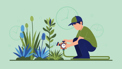 Fototapeta premium Man Carefully Watering Plants With Clock Sprinkler In Garden Time Management