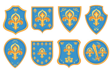 Heraldic lily emblems. Royal power symbol, different shapes shields, vintage arms coats, fleur de lis with crown, honor, nobility, medieval identity splendid vector isolated isolated set