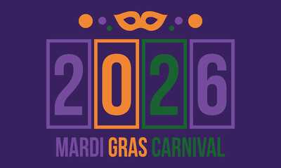 Mardi Gras Carnival in New Orleans. Fat Tuesday. Traditional holiday, celebration annual. Folk festival, costume masquerade, fun party. Carnival mask. Poster, card, banner and background. Vector