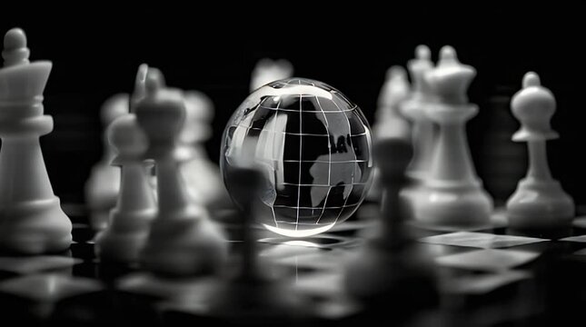 A glass globe sits on a chessboard surrounded by white chess pieces