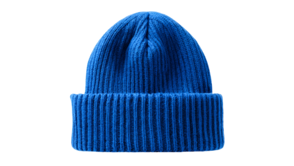 A vibrant blue ribbed knit beanie hat, isolated on a stark black background