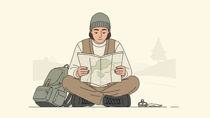 Lost Traveler Consulting A Paper Map With Mountains Backdrop Illustration