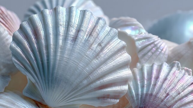 Close up of shiny seashells in Cloud Dancer pearly white with pastel iridescent texture, ocean inspired background