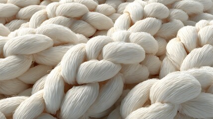Large braided textile bundles in soft cloud dancer white color, minimal neutral background, close up fiber texture