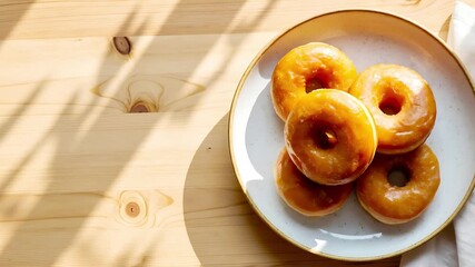 Freshly Baked Glazed Doughnuts Served on a Plate with a White Linen Napkin, Warm Sunlight on Wood