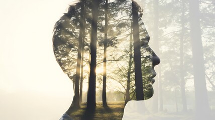 A silhouette of a human head containing a lush forest landscape, symbolizing the connection between mind and nature.