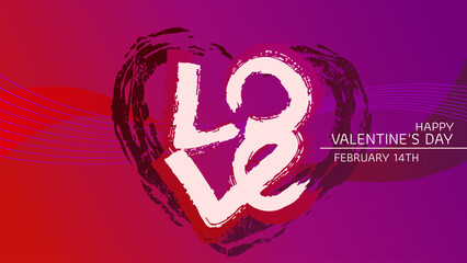 Happy valentine's day banner with love lettering and brush stroke heart on purple and red gradient background. Vector illustration