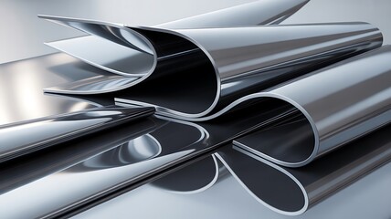 Polished metal sheets bent into curved shapes, representing industrial material and manufacturing
