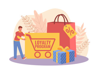Customer reward scheme seasonal discounts customer engagement. Loyal customer cards, discount and sale, tiny man gift vouchers, shop marketing advertising, vector cartoon isolated concept