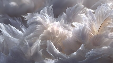 Soft airy feathers in cloud dancer white color, delicate light texture with gentle glow and dreamy ethereal atmosphere