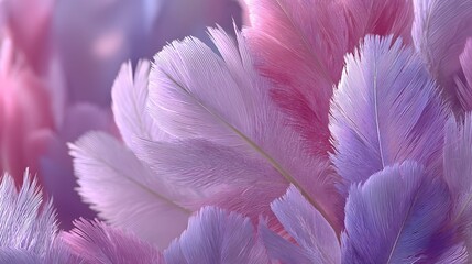 Soft pink and lilac feathers close up, delicate fluffy feather texture, pastel romantic background, light airy macro shot, gentle feminine abstract nature backdrop