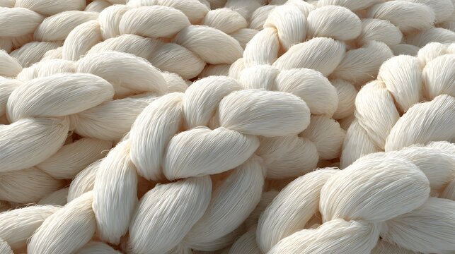 Large braided textile bundles in soft cloud dancer white color, minimal neutral background, close up fiber texture