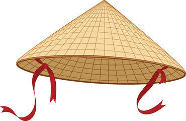 Traditional Vietnamese conical straw hat illustration with red silk ribbons isolated on white background for Asian culture travel and oriental fashion themes.